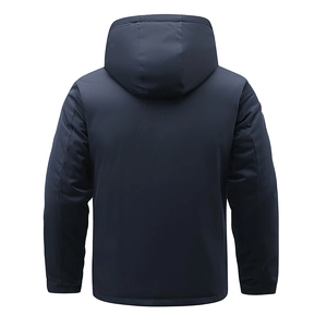 Deep blue hooded men's mid-length winter parka with windproof fabric back view