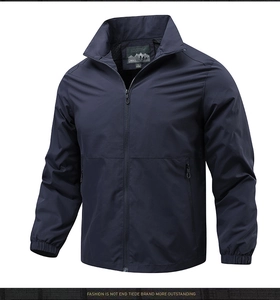 Detail of navy blue jacket showing stand-up collar, full zipper and inner size label L