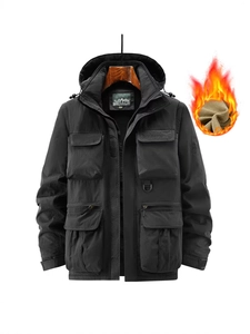 Men's winter black fleece hooded jacket with multiple pockets and thermal lining