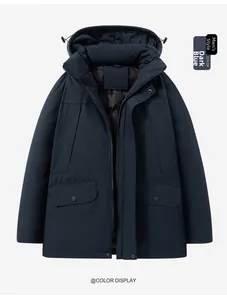 Detail view of men's dark blue winter puffer jacket with hood and large flap pockets