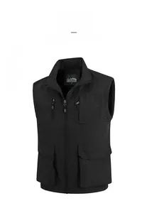 Detail of a black fishing vest with multiple functional pockets and high collar design