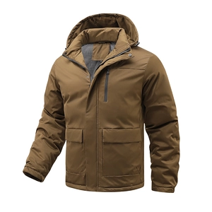 Men's hooded mid-length parka in brown with detachable hood and windproof warm fabric