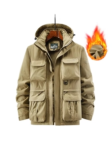 Winter khaki outdoor hooded parka with multi-pocket design and thermal fleece lining