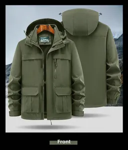 Front and back view of army green hooded utility jacket with multiple pockets