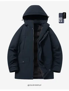 Detail of dark blue men's winter jacket showing hooded design and flap pockets