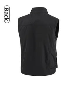 Rear view of black multi-pocket outdoor vest showing windproof fabric and durable stitching