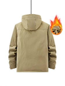 Men's khaki winter hooded jacket with warm fleece lining and windproof design back view