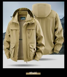 Detail view of khaki tactical hooded jacket with windproof pockets and breathable mesh lining