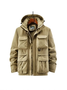 Men's khaki tactical winter jacket with detachable hood, fleece lining, and multi-pockets