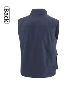 Back view of navy blue multi-pocket outdoor vest with stand collar for fishing and hiking