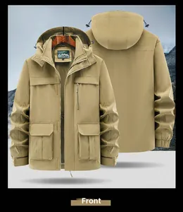 Front and back view of a khaki windproof hooded outdoor jacket with multiple utility pockets