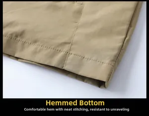 Detailed macro view showing the double-stitched hem and piping of the khaki casual jacket