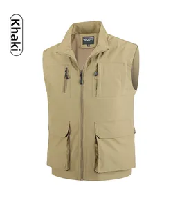 Detail of khaki outdoor fishing vest with multi-pockets and breathable mesh lining