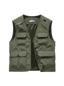 Gilet da pesca verde militare multitasche con fodera in rete traspirante e anello a D