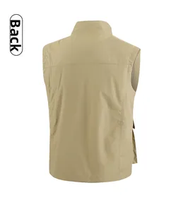 Rear view of outdoor fishing vest showing durable khaki fabric and breathable mesh lining