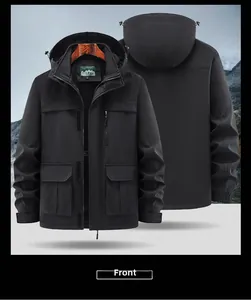 Detailed front and back view of a black windproof outdoor jacket with multi-pocket design