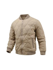 Khaki men's quilted bomber jacket with stand collar and classic diamond pattern