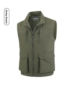 Detail view of military green fishing vest showing mesh lining and multi-pockets