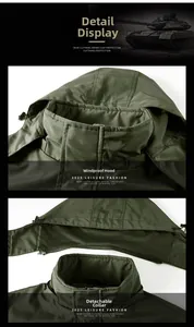 Detail of army green outdoor jacket featuring detachable windproof hood and mesh lining
