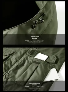 Detail of adjustable drawstring toggle and large tactical pocket on army green jacket
