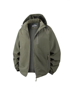 Men's dark green hooded windbreaker jacket with zipper pockets and breathable mesh lining
