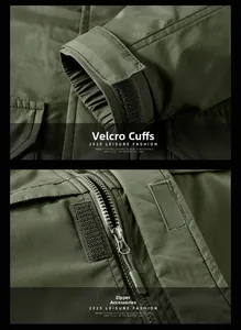 Detail view of military green jacket with adjustable velcro cuffs and high-quality zipper