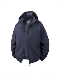 Men's navy blue hooded windbreaker jacket with breathable mesh lining and zipper pockets