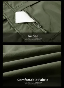 Detailed view of military green jacket featuring secure zipper pocket and soft cotton fabric
