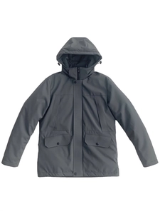 Men's dark grey hooded winter jacket with stand collar and functional multi-pocket design