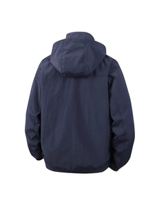 Navy blue hooded windbreaker jacket for men featuring back panel stitching and elastic cuffs