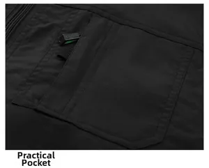 Detail of a large practical pocket with sports zipper on a black fishing vest jacket