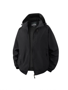 Men's black lightweight hooded windbreaker jacket with zipper pockets and breathable mesh lining
