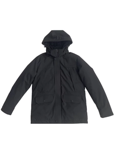 Men's minimalist black hooded jacket with windproof fabric and large flap pockets