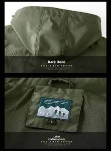 Detail of the dark green outdoor jacket hood structure and inner mesh collar with size tag
