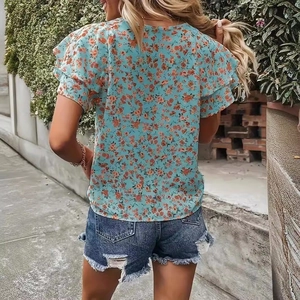 Haut Imprimé Floral Bohème pour Femmes Col Rond Manches Courtes à Volants Bluse Décontractée Été T-shirt Ample Mode