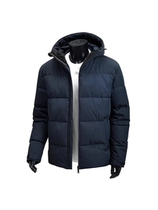 Men's winter hooded quilted jacket in navy blue with warm fleece lining and zipper
