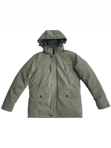 Mens olive green hooded parka jacket with windproof zipper and multiple utility pockets