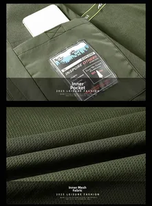 Detail of army green outdoor jacket with functional inner pocket and breathable mesh lining