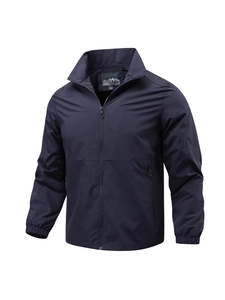 Men's lightweight navy blue outdoor jacket with stand collar and zipper pockets
