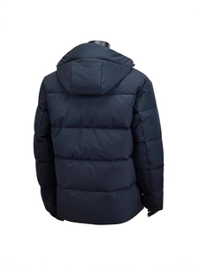 Men's winter windproof hooded jacket in navy blue with horizontal quilting back view