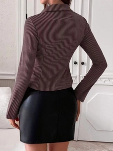 Rear view of brown striped slim-fit blazer top with lapel collar and flare long sleeves