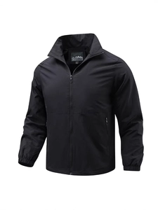 Men's minimalist black stand collar windbreaker jacket with a full-zip front and elastic cuffs
