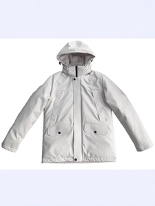 Men's off-white winter hooded parka jacket with windproof fabric and large flap pockets