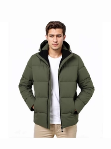 Army green men's hooded puffer jacket with windproof quilted fabric for outdoor winter wear