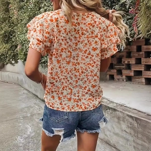 Haut d'été à fleurs pour femme avec manches à volants et col rond style bohème chic