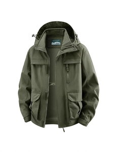 Men's Outdoor Cargo Hooded Jacket Polyester Windproof Multi-Pocket Casual Work Coat Lightweight Loose Fit Spring Outerwear