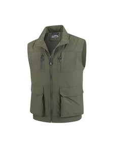 Army green multi-pocket outdoor fishing vest with breathable mesh lining and zipper