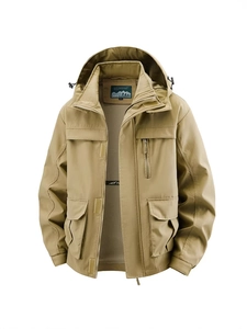 Khaki men's outdoor hooded jacket with multi-pocket design and breathable mesh lining