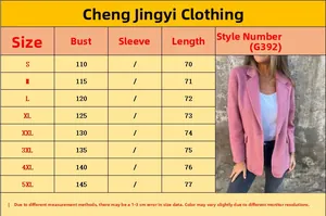 Size chart for women's wool jacket G392 showing bust and length from S to 5XL