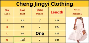 Detailed size chart for white summer tiered maxi dress with bust and length measurements